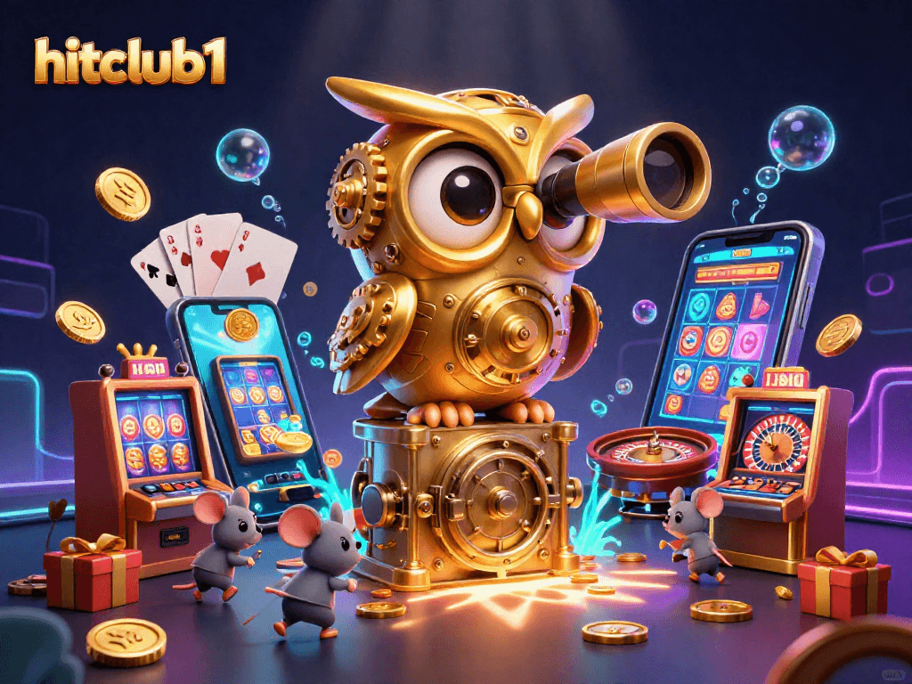 Spin for fortunes at hitclub1 with vibrant game elements surrounding whimsical casino characters.