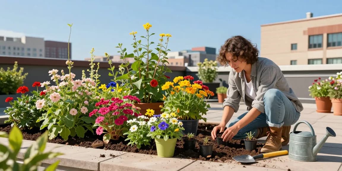 Mauerpfeffer-Pflanzen gedeihen in einem lebhaften Dachgarten, der Nachhaltigkeit und urbanes Gärtnern zeigt.