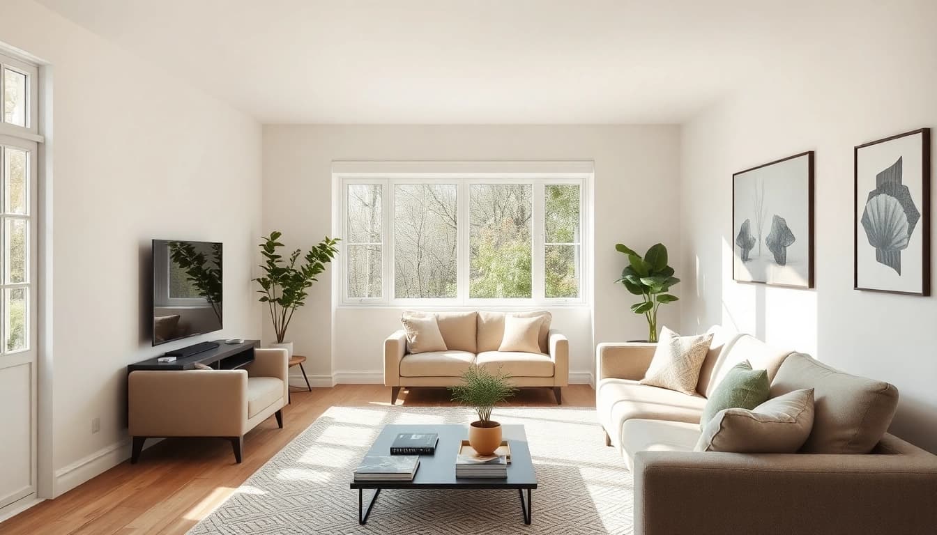 Modern eingerichtetes Wohnzimmer nach einer Hausrenovierung mit einladender Atmosphäre.