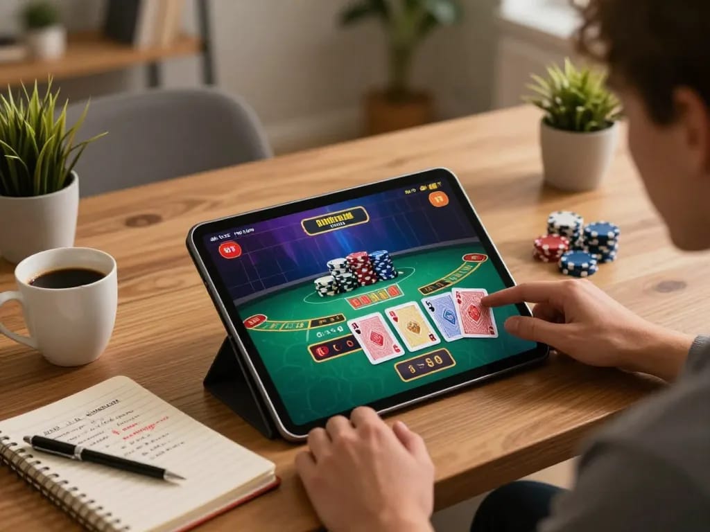Player engaged in online gaming at https://ta88at.com/ using a tablet for blackjack, showcasing dynamic gameplay.