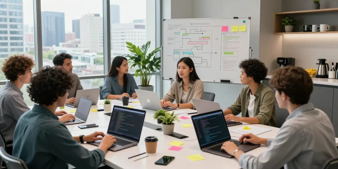 Build internal tools with AI by collaborating in a modern tech workspace showcasing coding and teamwork.