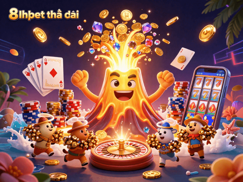 Experience the excitement of 8xbet nhà cái with a vibrant 3D casino illustration of a golden volcano erupting treasures.