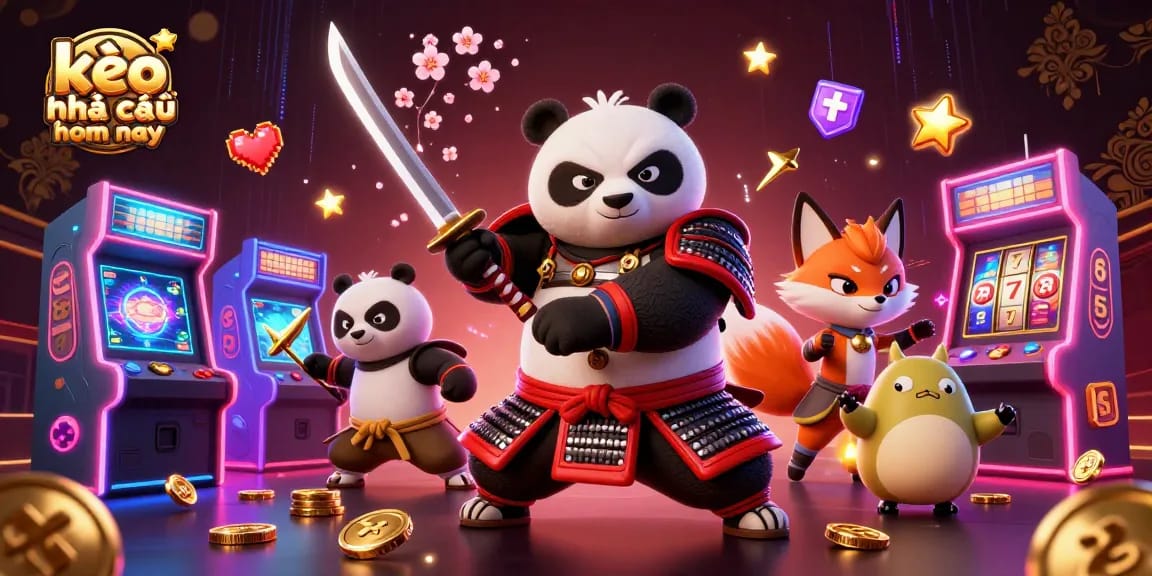 kèo nhà cái hôm nay fun – 3D illustration of a samurai panda and ninja fox in a vibrant casino scene