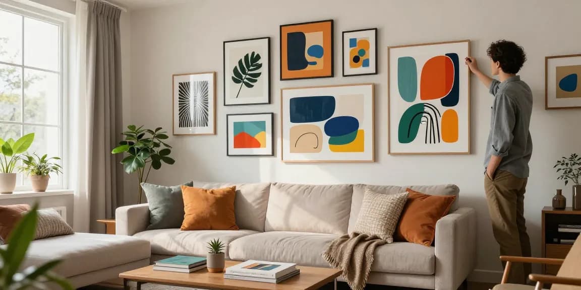Wandbilder im modernen Wohnzimmer, lebendige Farben und stilvolles Design.