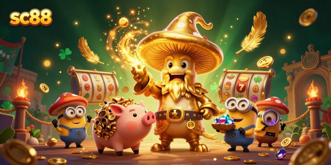 Spin to win with sc88 in a rich casino scene featuring magical characters and vibrant slot elements.