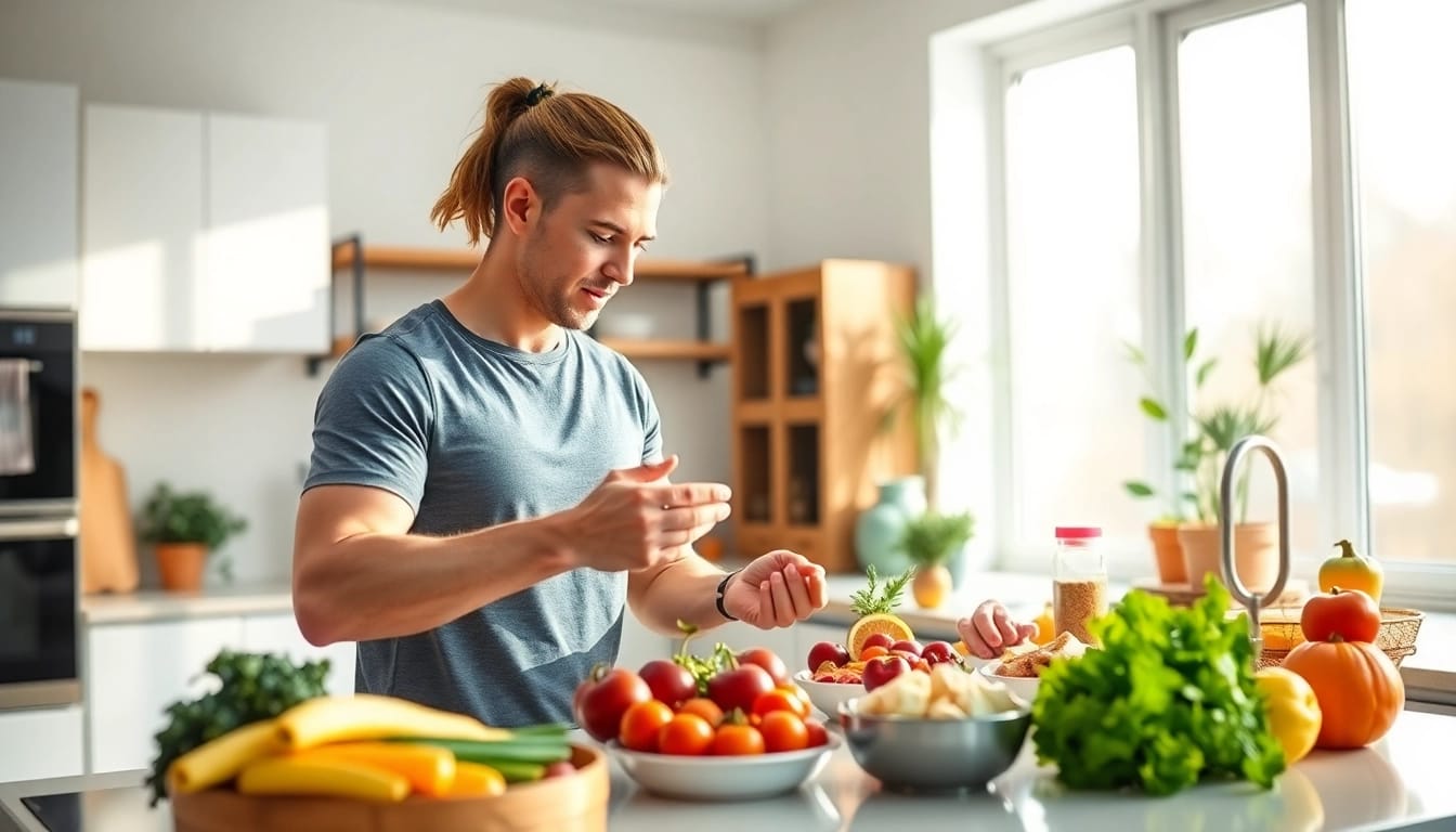 Gesunde Meal Prep Strategien für Fitness und Ernährung mit einem Trainer in einer hellen Küche.