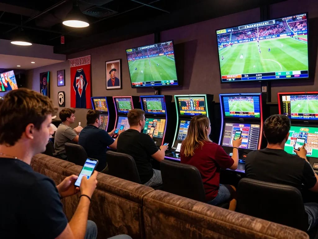 Betting excitement at a sports betting lounge with live games and dynamic atmosphere for บ้านผลบอล7m enthusiasts.