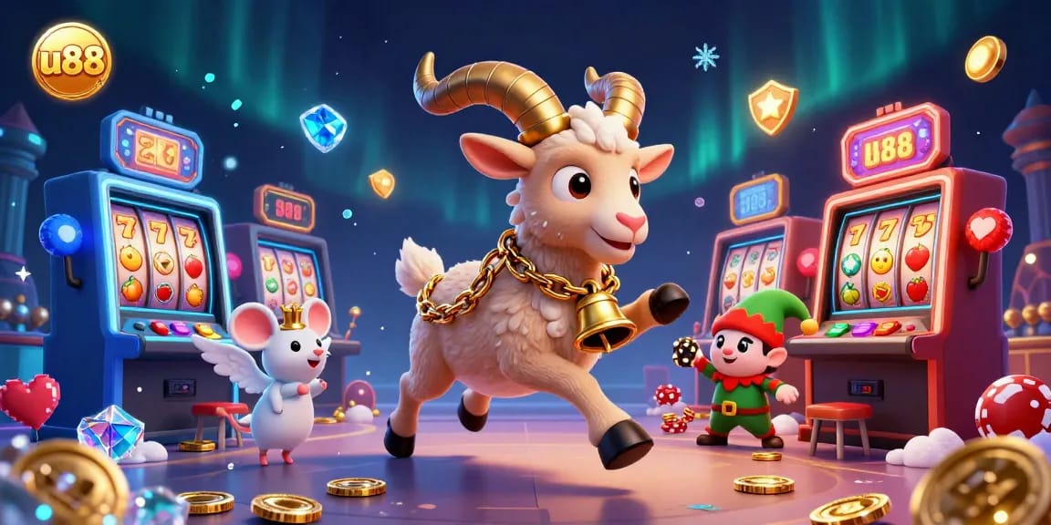 Experience exciting gameplay at u88 with cartoon characters in a festive casino scene.