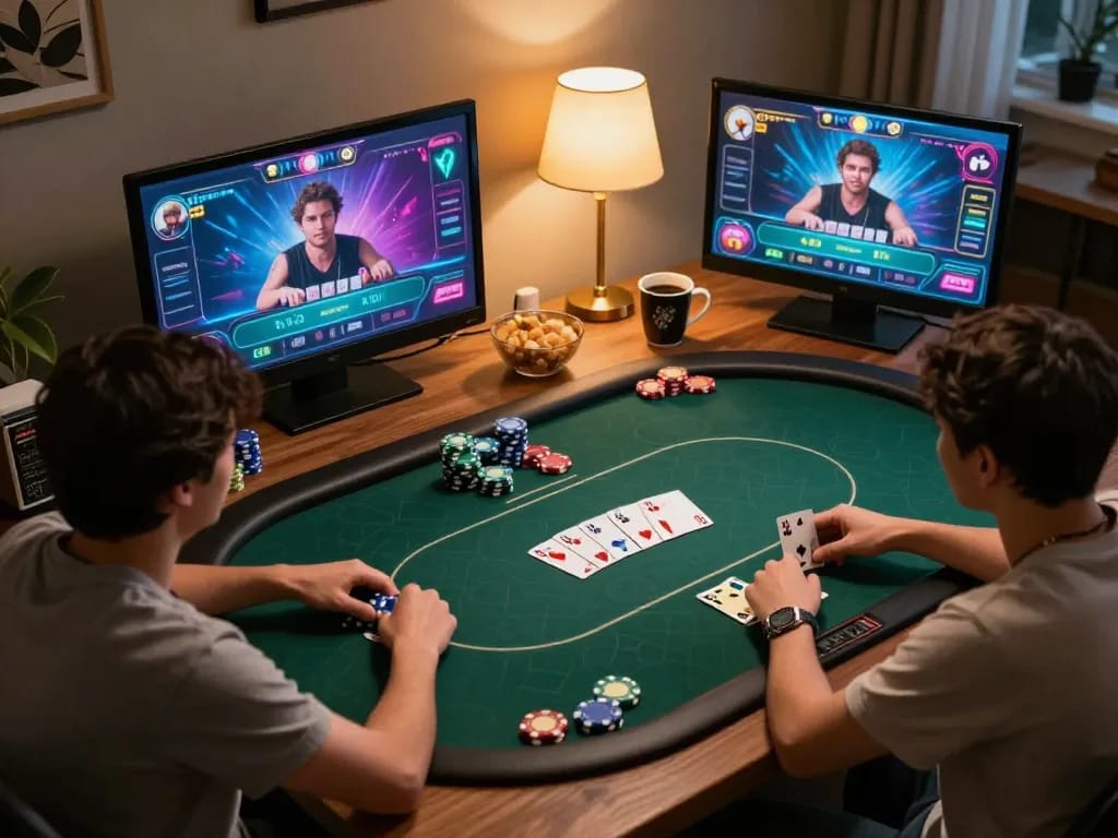 Players engaging in online poker at E2bet com, showcasing strategy and excitement in a cozy home setting.