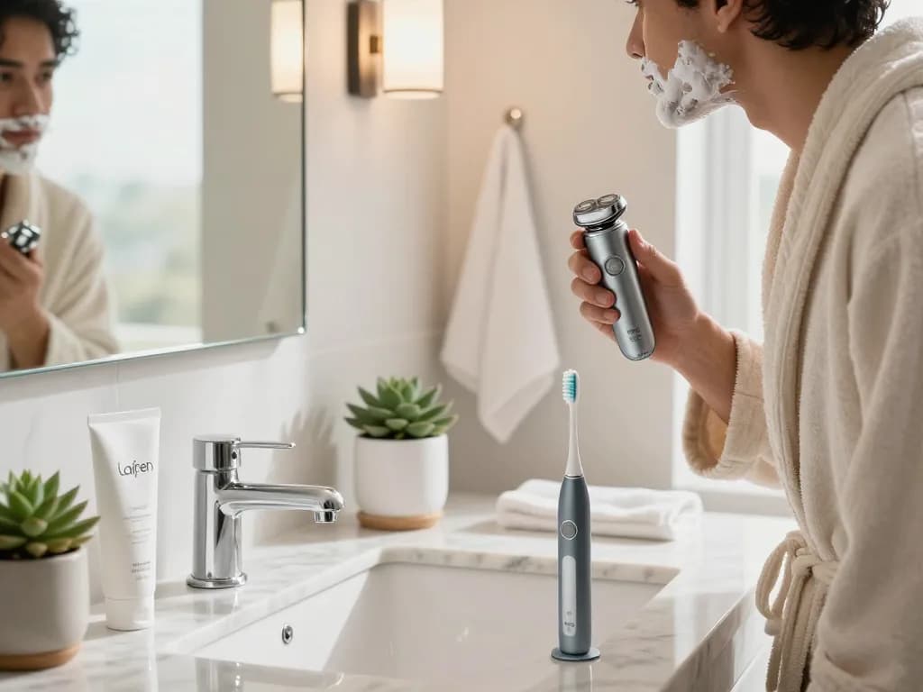 Laifen NEO Elektrorasierer, präsentiert in einem hellen, modernen Badezimmer während einer luxuriösen Pflegeroutine.