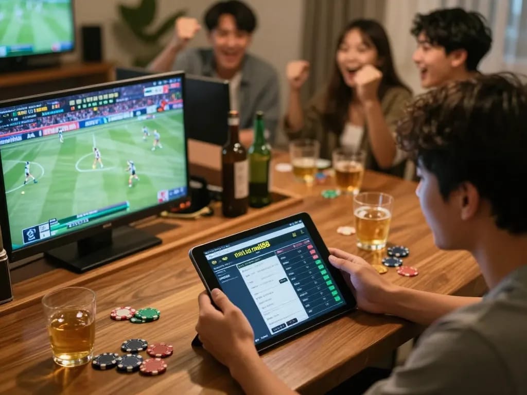 Engaging sports betting moment featuring nhà cái nk88 on a tablet with friends celebrating