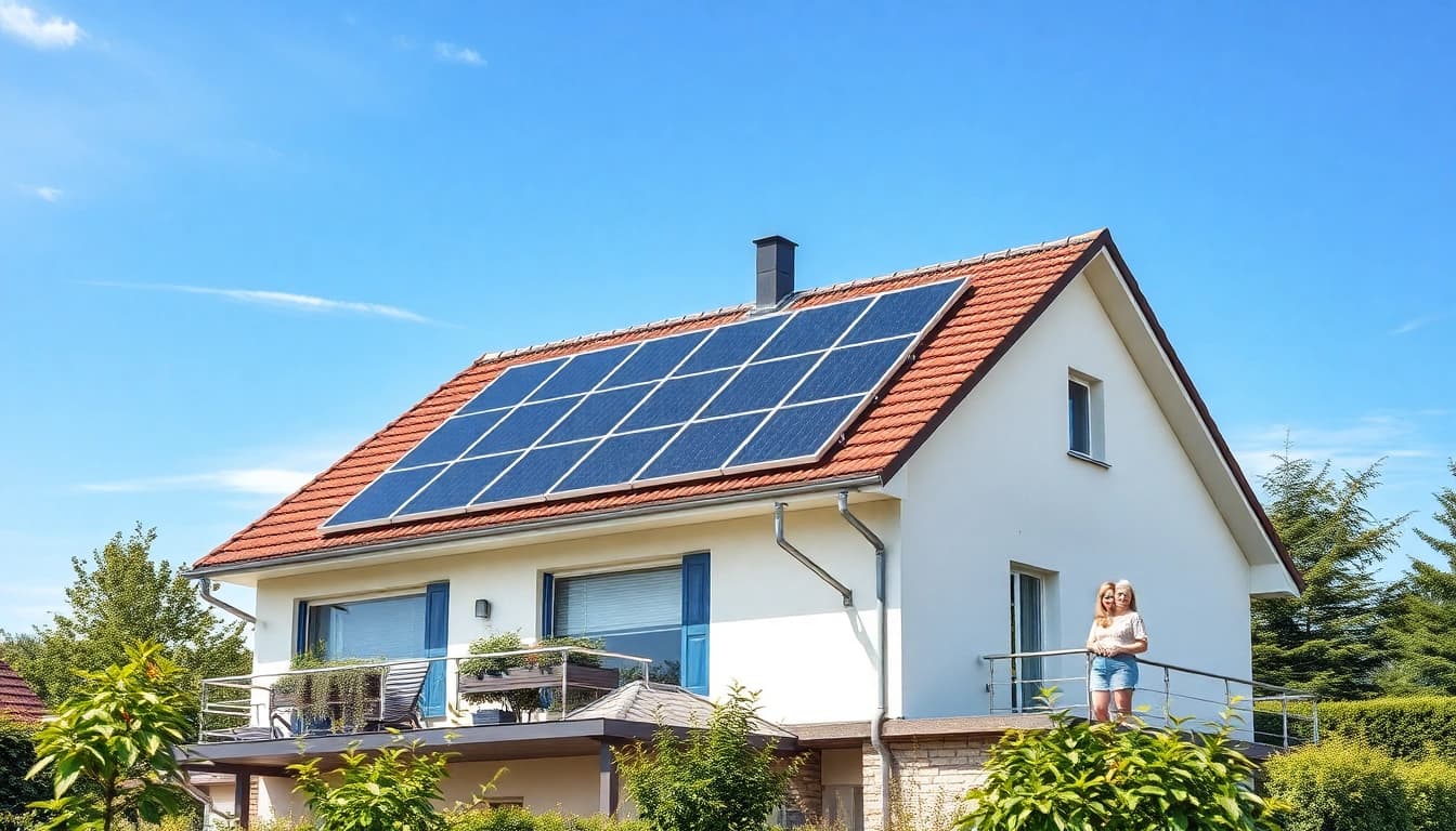 Entdecken Sie das ideale Photovoltaik Komplettpaket kaufen für Ihr Zuhause mit einer modernen Solaranlage auf dem Dach und glücklichen Bewohnern im Hintergrund.