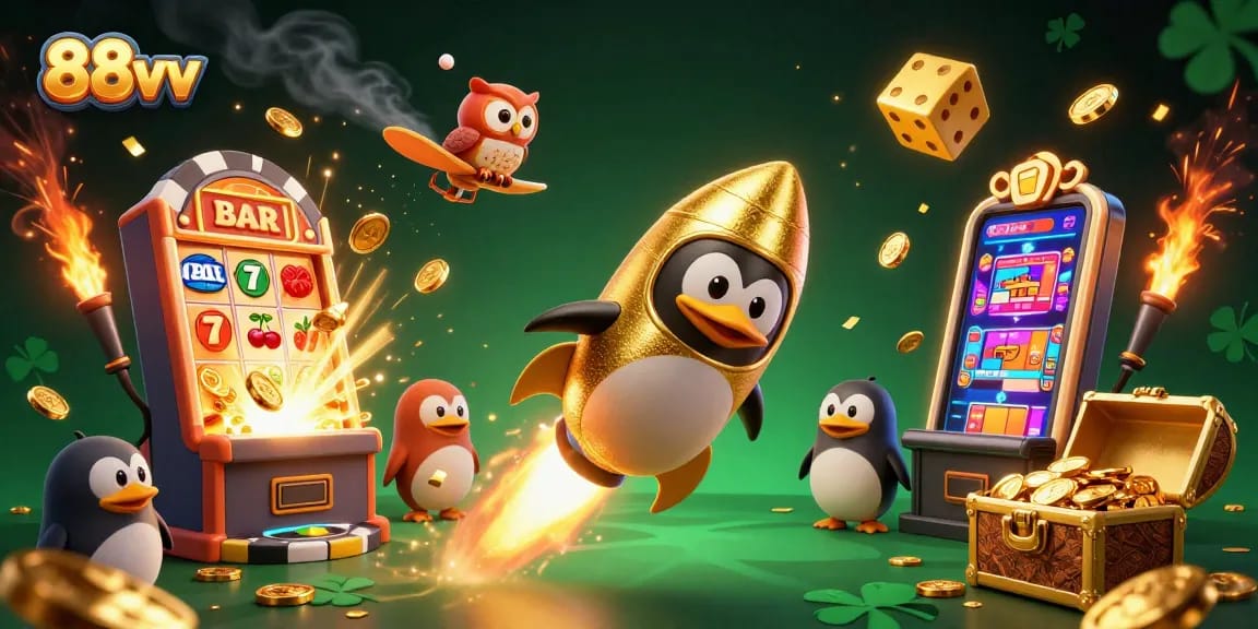 88vv ignites excitement with a golden penguin soaring towards a cosmic casino, bursting with jackpot thrills and vibrant colors.