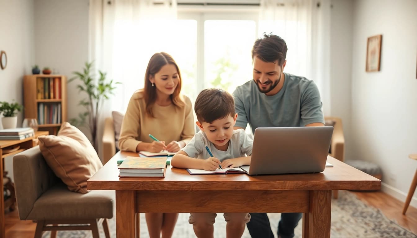 Familie führt Heimunterricht im Wohnzimmer durch und fördert interaktives Lernen.
