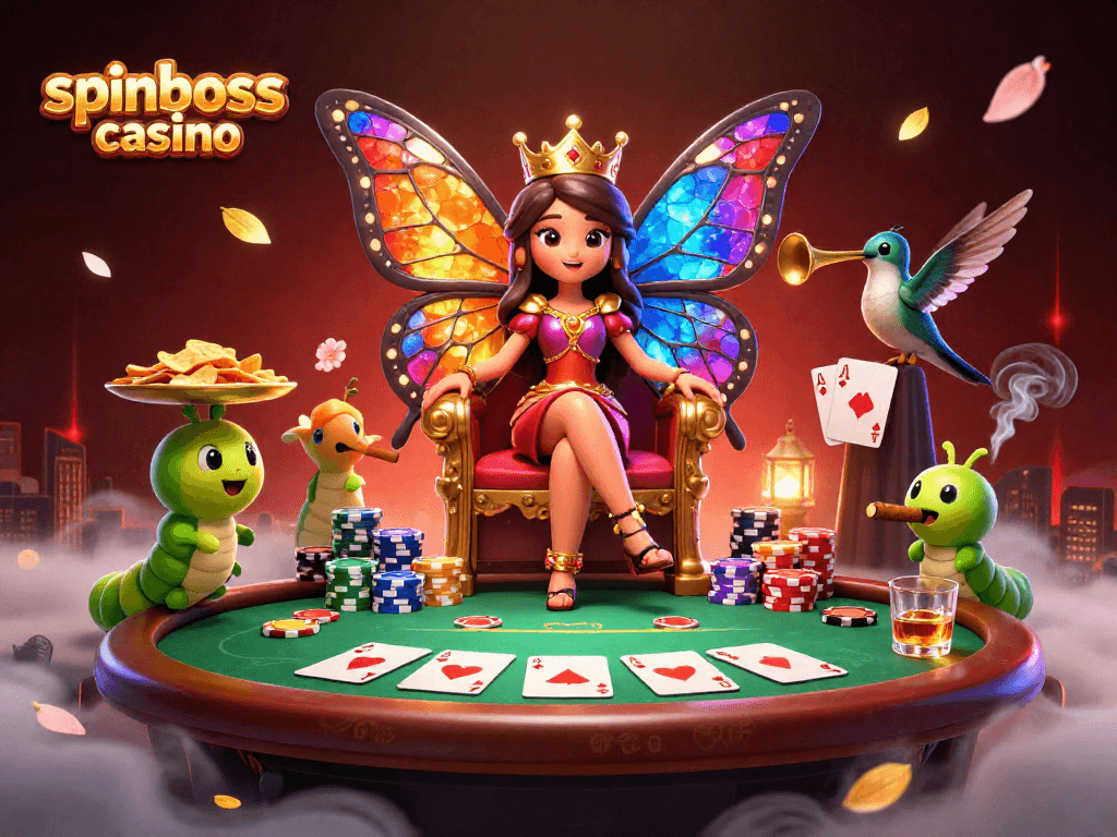 Spiele im Spinboss Casino: Farbenfrohe Illumination mit Poker-Elementen und fantastischen Charakteren.