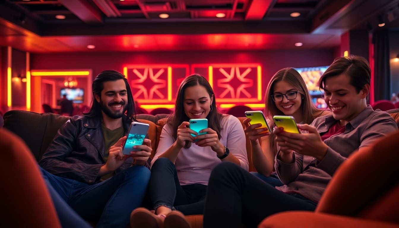 Entdecken Sie die besten Casino apps durch eine Gruppe begeisterter Spieler, die spannende Spiele auf ihren Smartphones genießen.