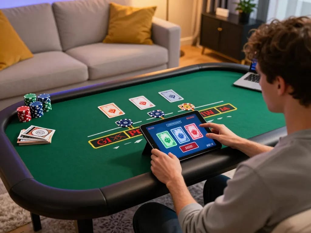 Engaging with https://f168.news/ on a tablet during live blackjack gameplay in a cozy home setting.