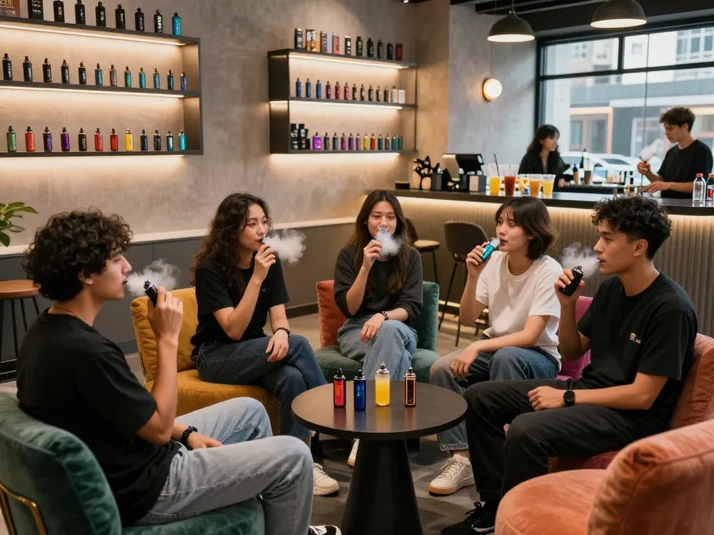 Junge Erwachsene genießen Al Fakher 30K Hypermax in einer gemütlichen Lounge-Umgebung, die lebendige Aromen und soziale Interaktionen zeigt.