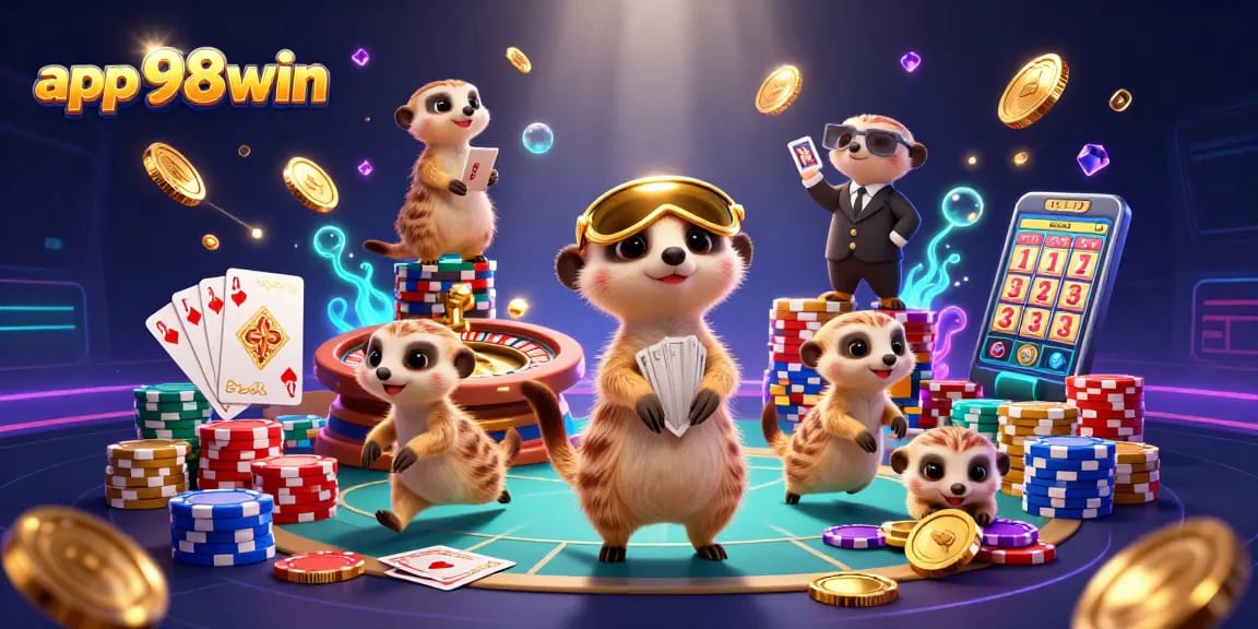 Play exciting games with the app 98win, featuring a dynamic casino scene with meerkats!