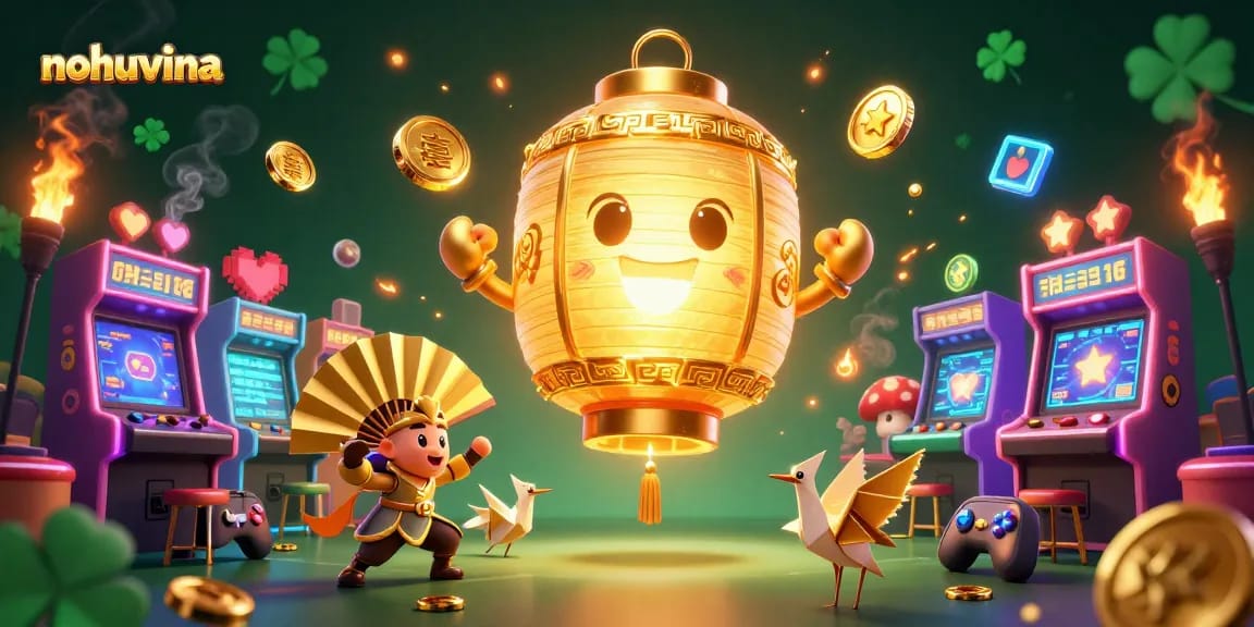 Nohuvina showcases a vibrant scene of a golden lantern spirit above a dynamic night market casino.