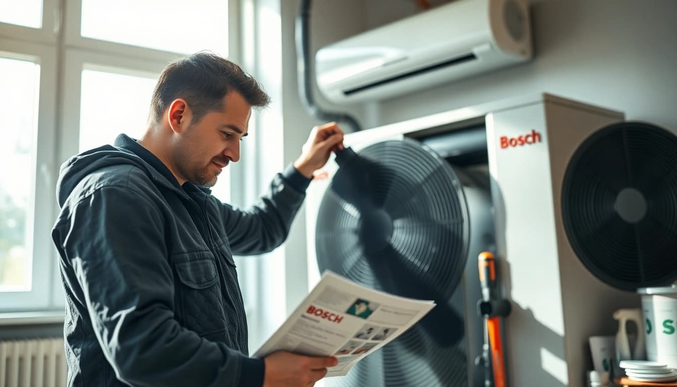 Die wärmepumpe bosch wird von einem Techniker professionell installiert, was ihre Zuverlässigkeit zeigt.