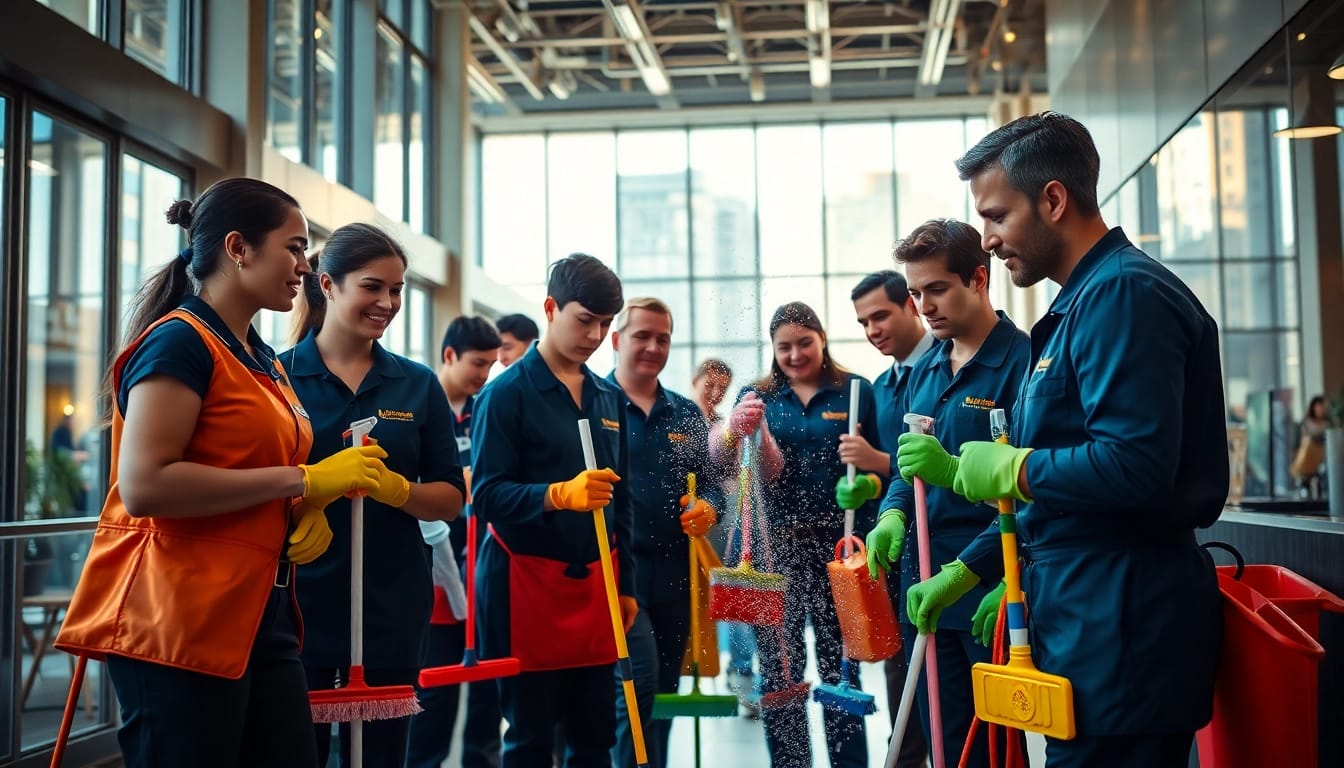 Professionelles Team bei der Hofreinigung in einem belebten urbanen Umfeld.