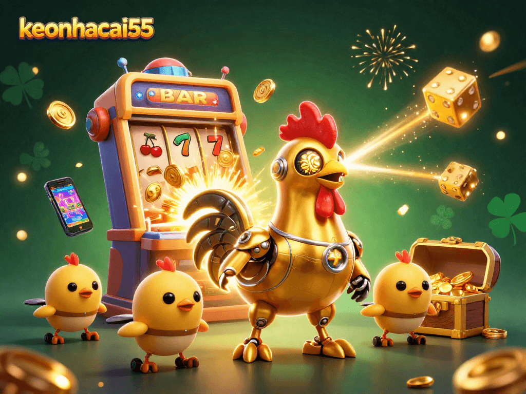 Engage in thrilling gameplay with keonhacai55's vibrant casino adventure featuring a golden rooster robot.