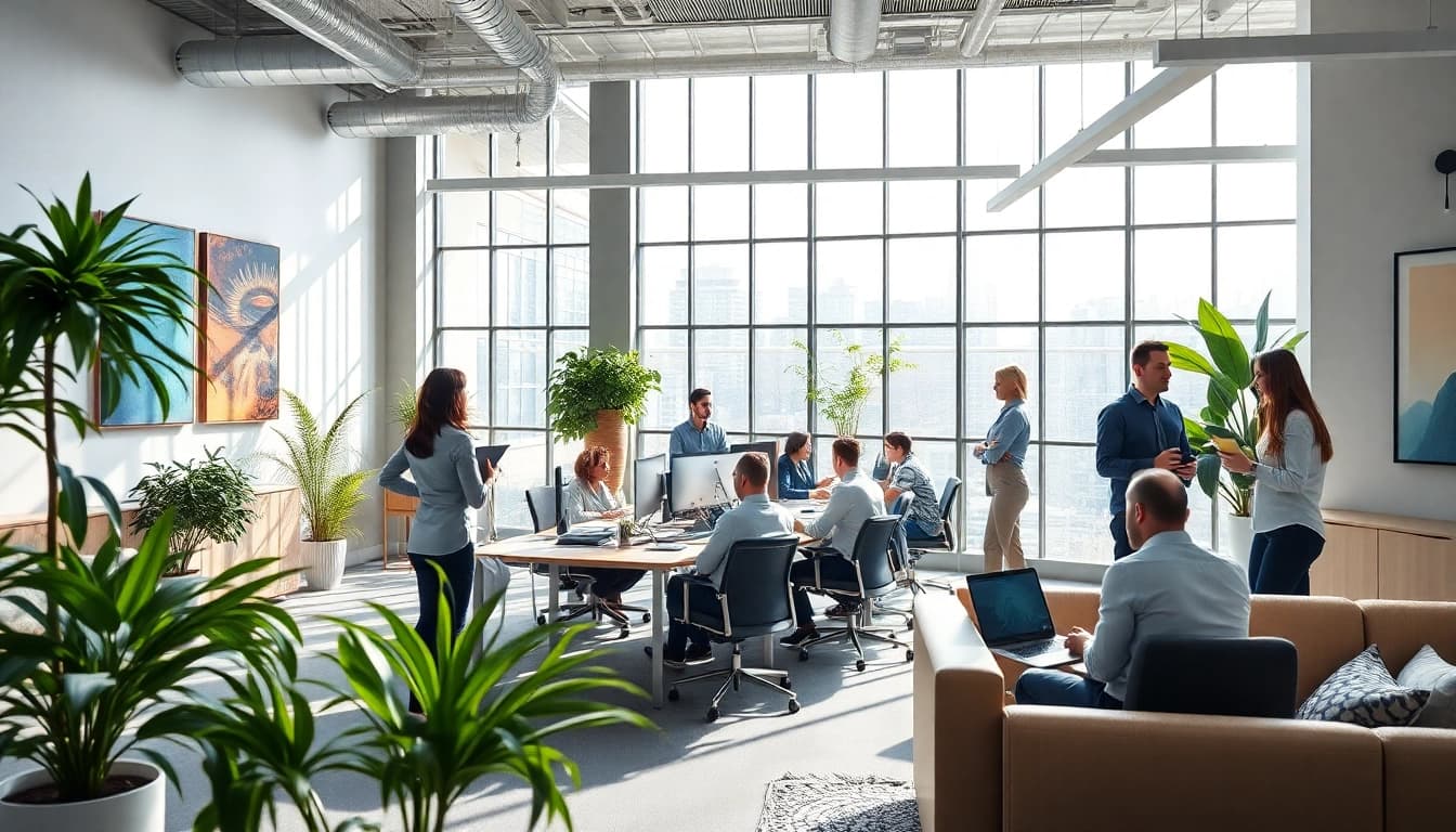 Office Excellence in a modern collaborative workspace with professionals engaged in discussions.