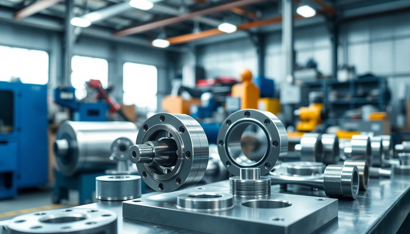 Drehteile in einer industriellen Werkstatt mit präzisen CNC-gefertigten Teilen.