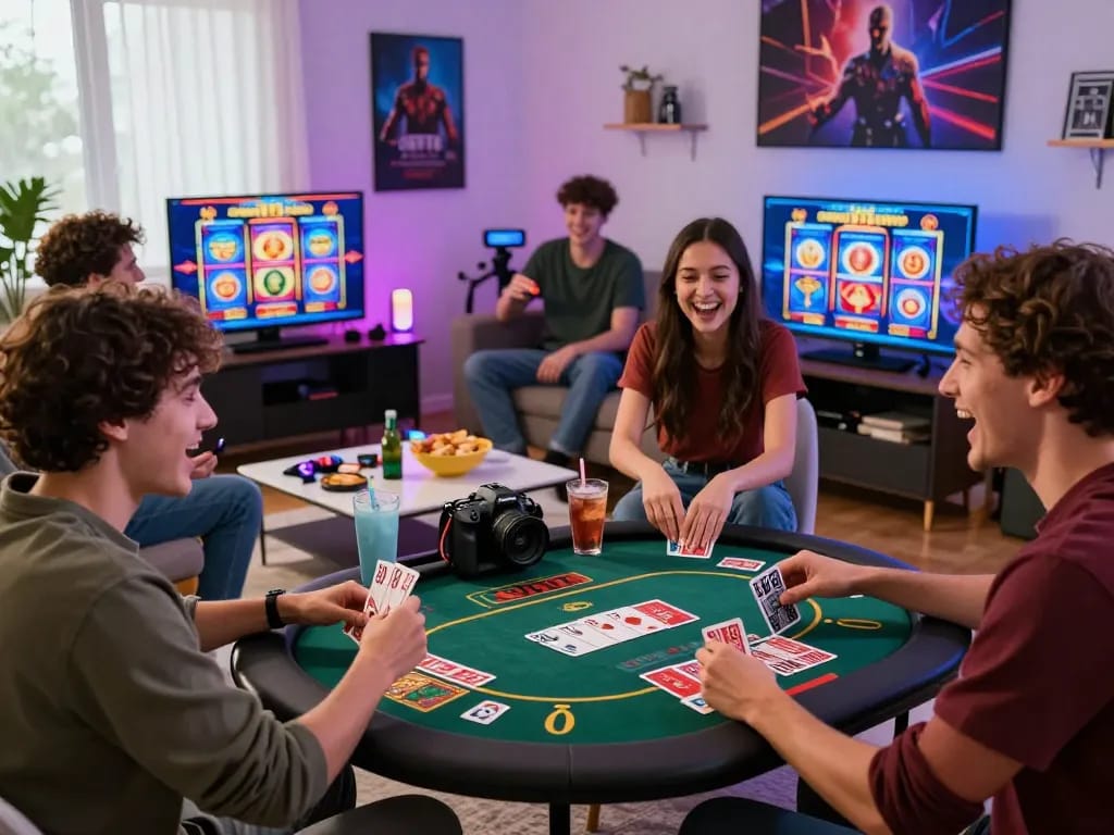 Group of friends enjoying 娛樂城 games in a lively living room atmosphere with colorful screens and snacks.