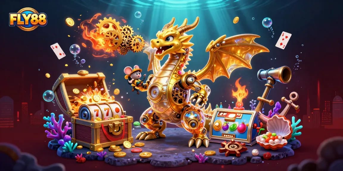 Engage with FLY88's vibrant casino scene featuring a golden dragon and slot reels.