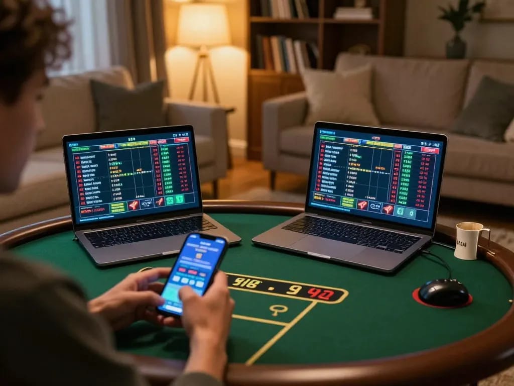 Engaging in sports betting at https://Zbetat.com/ in a cozy home environment, showcasing strategic gameplay.