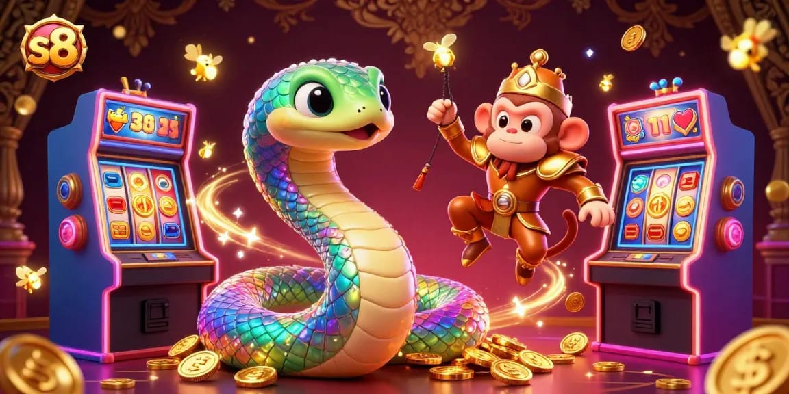 S8 players enjoy vibrant slot games featuring the rainbow serpent and monkey king in this colorful casino scene.