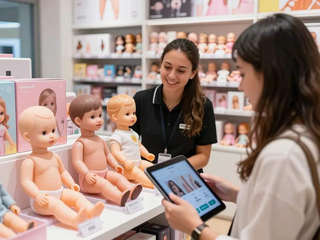 Sofort lieferbare Sexpuppen, die in einem modernen E-Commerce-Einzelhandelsgeschäft ausgestellt sind und die Kundenbindung einfangen.