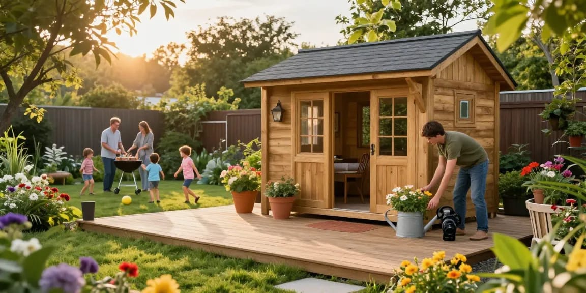 Wunderschönes Gartenhaus in einem blühenden Garten, ideal für entspannte Freizeit.