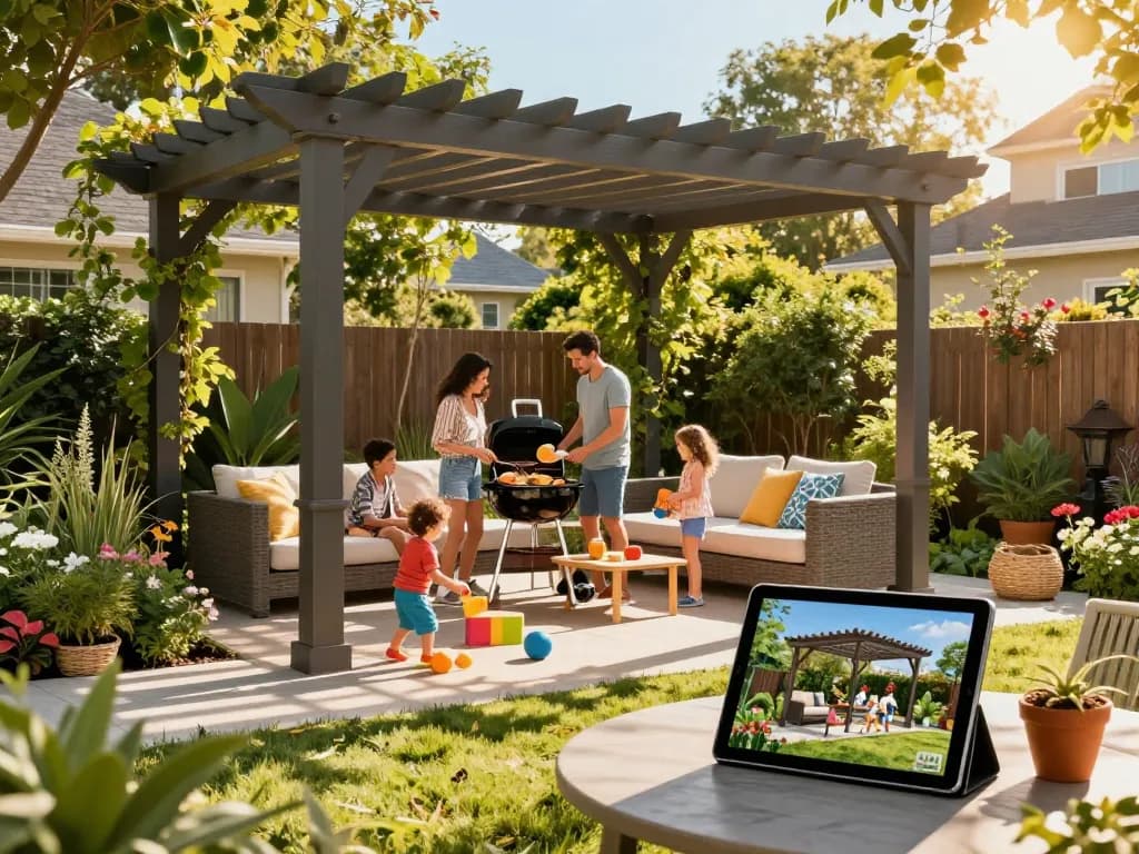 Familie genießt einen sonnigen Nachmittag rund um ein stilvolles Pergola 3D-Design in einer lebhaften Gartenumgebung.