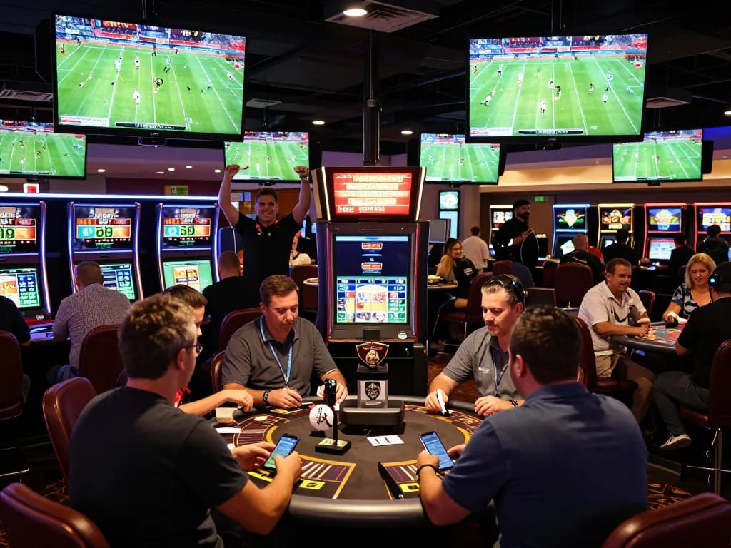 Engaging scene of แทงบอล betting in a lively casino sports area with screens and enthusiastic players