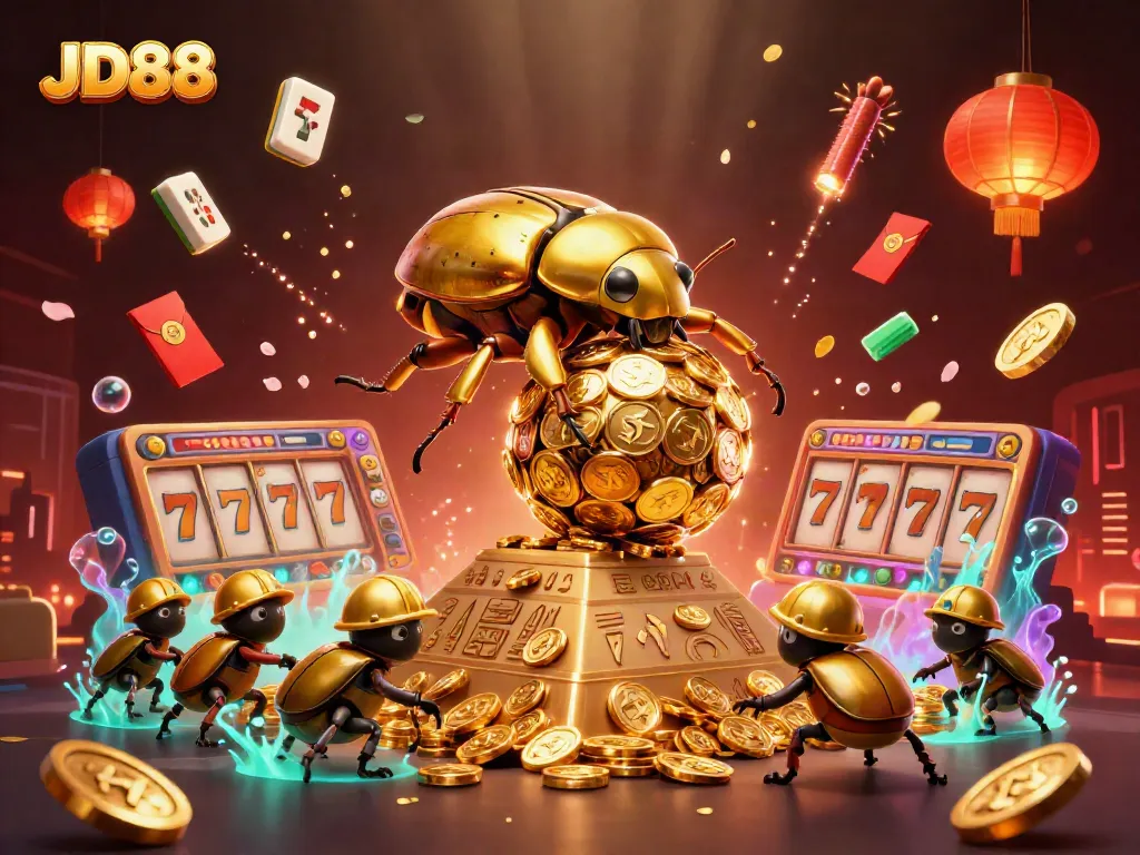 Experience thrilling gaming at JD88 with a vibrant 3D illustration of a golden beetle rolling coins amidst casino symbols.