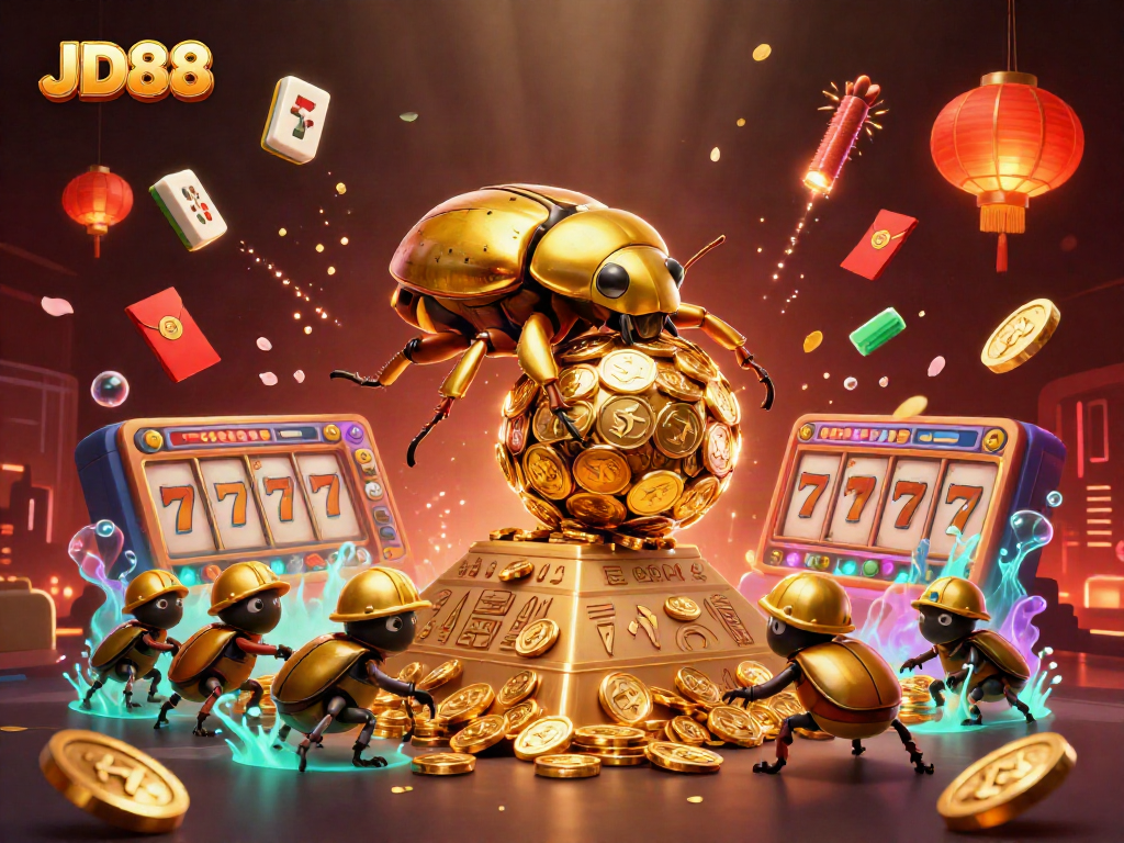 Experience thrilling gaming at JD88 with a vibrant 3D illustration of a golden beetle rolling coins amidst casino symbols.