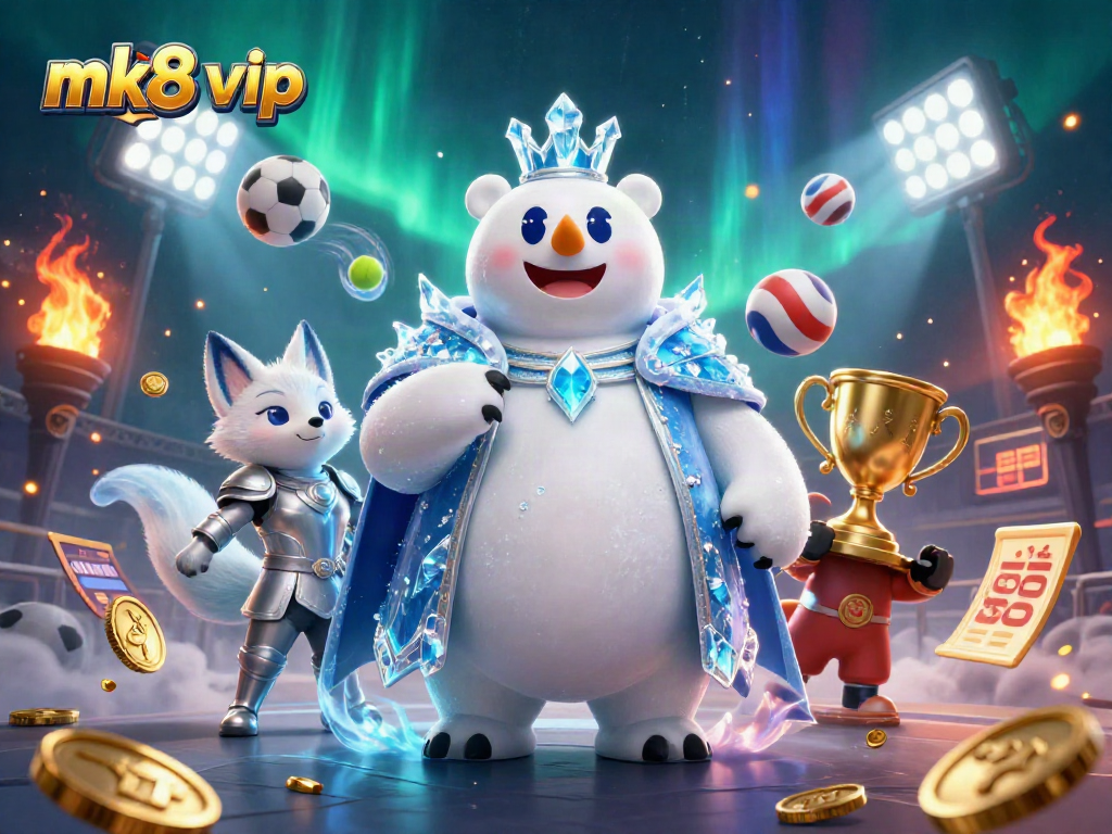 Engage with mk8 vip in a thrilling casino scene featuring an ice king polar bear and silver-armored snow fox.