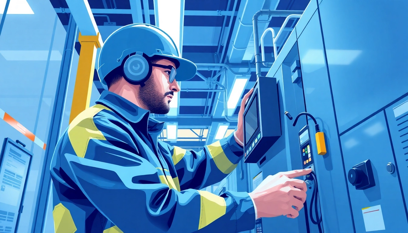 Technician conducting DGUV V3 Prüfung on industrial electrical equipment to ensure workplace safety.