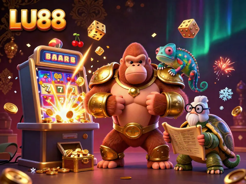 Engage with LU88's vibrant gambling universe featuring a golden gorilla king, chameleon spy, and wise tortoise amidst jackpot excitement.