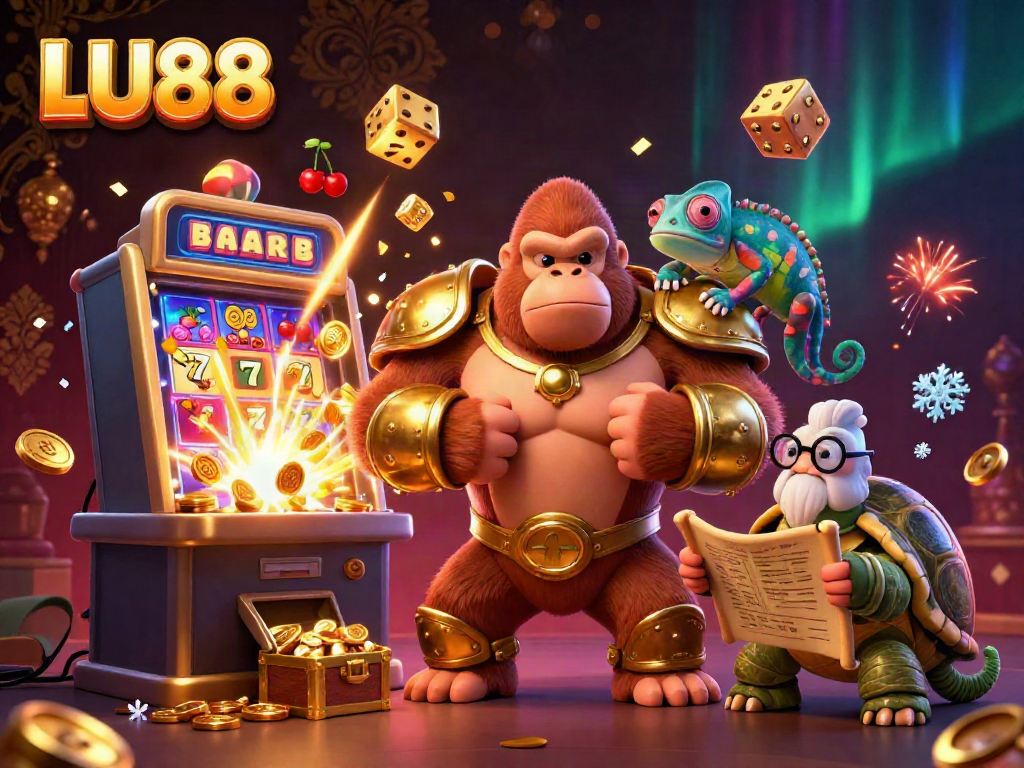 Engage with LU88's vibrant gambling universe featuring a golden gorilla king, chameleon spy, and wise tortoise amidst jackpot excitement.