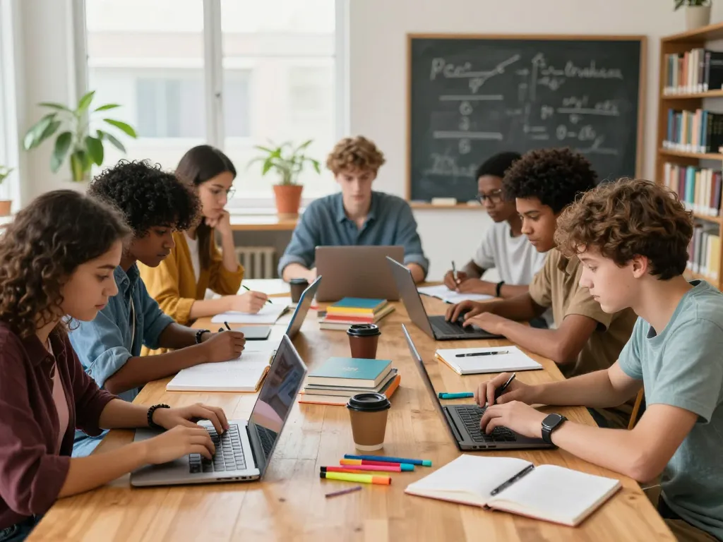 Studenten, die in einer hellen Lernumgebung mit Büchern und Laptops zusammenarbeiten, um Hausaufgaben zu lösen.