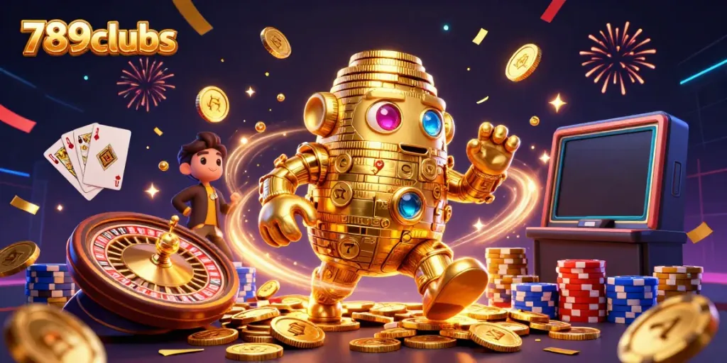 Engage in thrilling games at 789clubs, featuring dynamic golden golem and slot symbols amidst an exciting casino atmosphere.