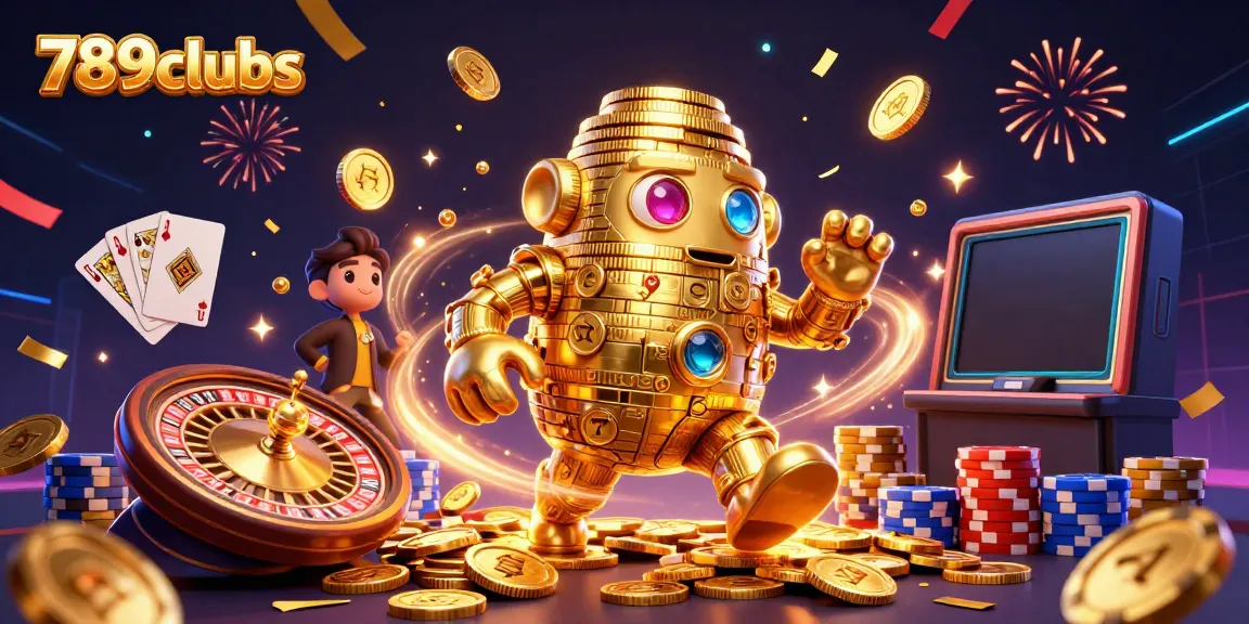 Engage in thrilling games at 789clubs, featuring dynamic golden golem and slot symbols amidst an exciting casino atmosphere.