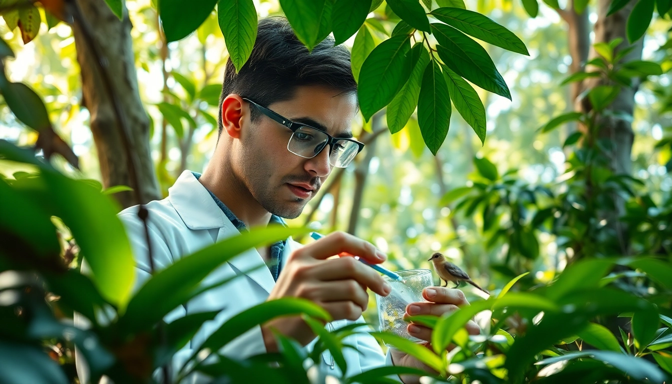 Umweltforschung mit einem Wissenschaftler im Wald, analysierend, um die Natur zu verstehen.
