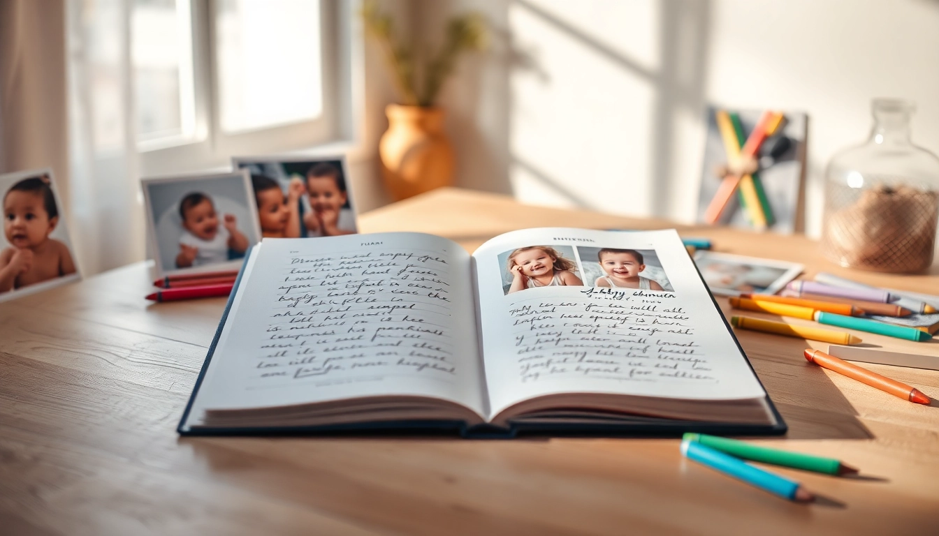 Babytagebuch auf einem Tisch mit Fotos und Stiften, die Erinnerungen festhalten.