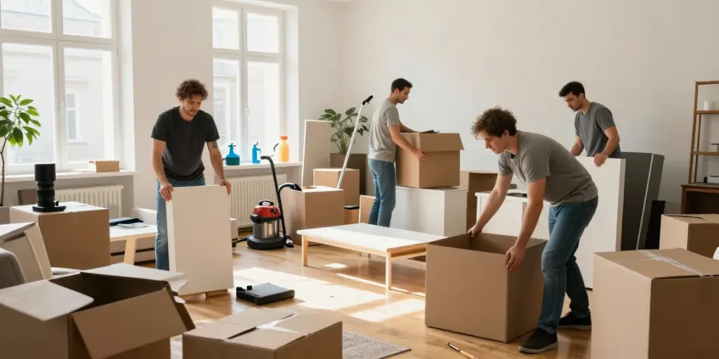 Hausräumung Wien mit professionellen Umzugshelfern, die Möbel und Kisten packen.
