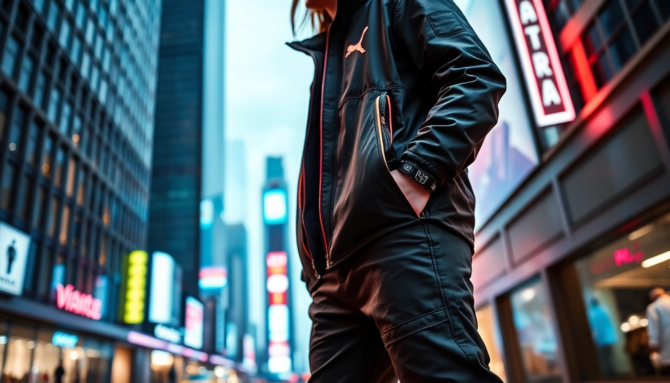 Stylischer techwear-Look in einer urbanen Umgebung mit futuristischen Elementen.